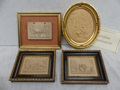 three framed pictures of a man and a woman in a landscape