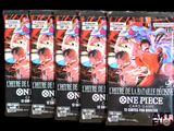 Trois paquets de cartes de jeu de cartes « One Piece » sont représentés sur un fond noir.