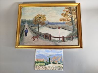 painting of a man walking a dog on a leash next to a painting of a man walking a dog on a leash