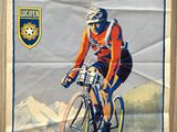 an old poster of a man riding a bicycle on a road