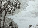a drawing of a man and a giraffe in a field