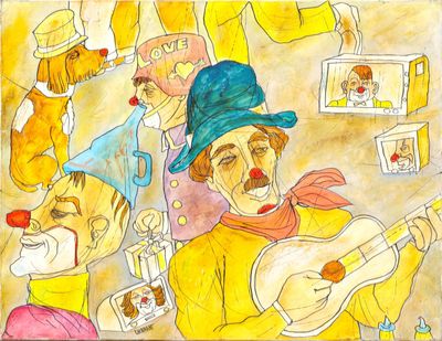 tableau représentant un clown jouant de la guitare, entouré d'autres clowns