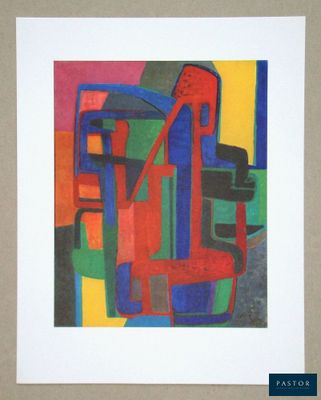 peinture abstraite représentant une chaise rouge et une chaise verte sur un fond marron