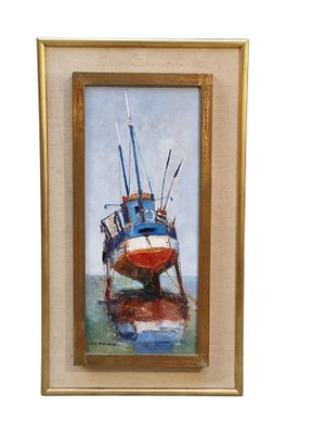 tableau à l'huile représentant un bateau de pêche, exposé dans un cadre doré