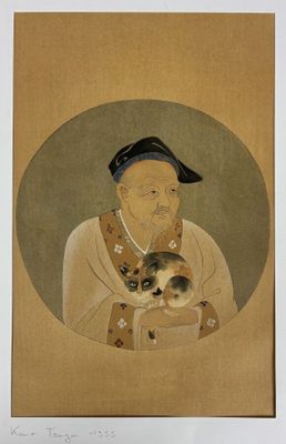 painting of an old man holding a cat in his arms