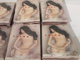 six boxes of fake figurines of a woman on a white surface