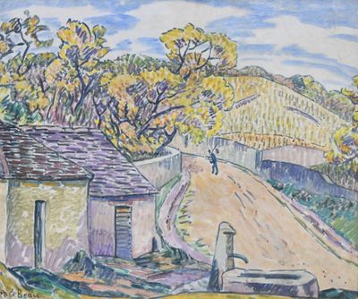 tableau représentant une route de campagne avec des maisons et des arbres en arrière-plan