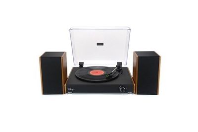 an image of a record player and speakers on a white background