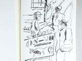 a black and white drawing of a man and a woman in a kitchen
