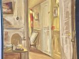 a painting of a painting of a kitchen with an open door