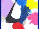painting of a colorful abstract painting in a blue frame on a white wall