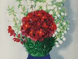 un tableau représentant un vase bleu contenant des fleurs rouges et blanches