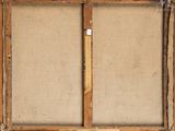an old wooden frame with a piece of fabric hanging on it