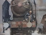a painting of a man sitting on the front of a train