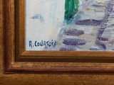 a painting of a man walking down the street