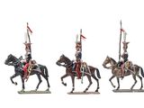three figurines of men in uniforms riding on horses