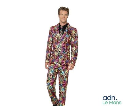 men ' s multicolored floral suit with black shirt and tie