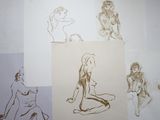 several sketches of a woman sitting on a chair and a man sitting on a chair