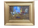 une photo d'un tableau représentant des coqs dans une grange