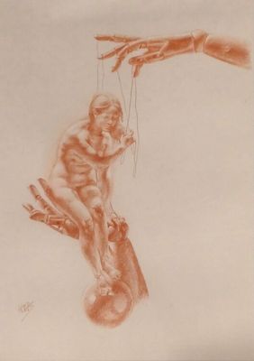 dessin représentant un singe suspendu à une branche d'arbre, tenant une main humaine