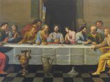 tableau représentant un groupe de personnes assises autour d'une table