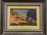an oil painting of a landscape with trees and hills in the background