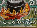 a painting of a pot on a fire with flames around it