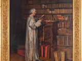 an old painting of a man reading a book in front of a bookshelf