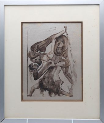 framed drawing of a man and a woman wrestling in a wrestling ring