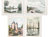 four watercolor paintings of a castle, a river, and a boat