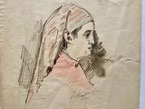 an old drawing of a woman with a turban on her head