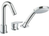 a close up of a faucet with two handles and a shower head