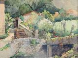 watercolor painting of a house and a stream in a country setting