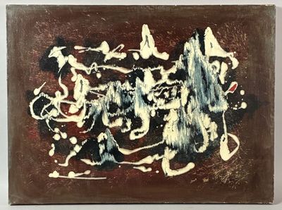 abstract painting of a group of people on a brown surface