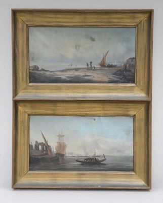 une paire de peintures à l'huile représentant des bateaux sur l'eau, près du rivage