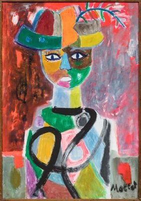une peinture à l'huile représentant une femme portant un chapeau et tenant une paire de ciseaux