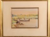 painting of two men fishing on a river with a boat in the background