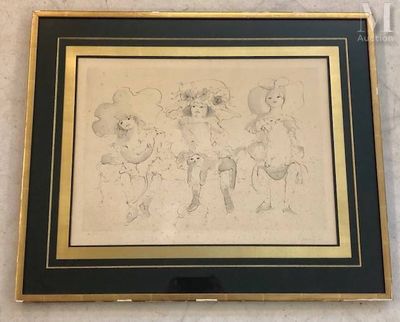 dessin encadré représentant un groupe d'enfants portant des chapeaux et des robes