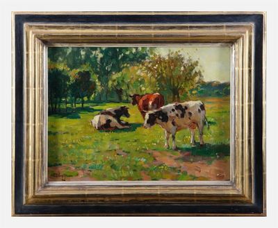 tableau représentant des vaches dans un champ, avec des arbres en arrière-plan