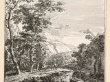 un dessin en noir et blanc représentant un paysage boisé avec des arbres