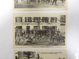 deux vieilles photos en noir et blanc représentant des chevaux et des personnes devant un bâtiment