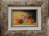 painting of a bowl of peaches and cherries on a table