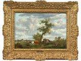 painting of cows grazing in a field with a tree and clouds in the background