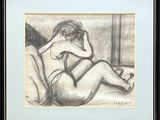drawing of a nude woman sitting on a bed with her head in her hands