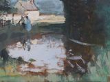 a painting of a woman and a horse by a pond