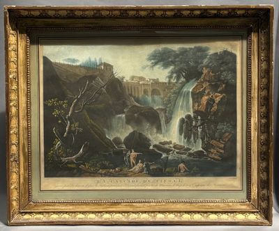 une image représentant une peinture d'une cascade avec des animaux au premier plan