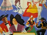 a poster of a group of people dancing around an old radio