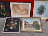 four framed pictures of flowers on the ground