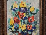 une peinture à l'huile représentant des fleurs dans un vase sur une table