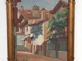 an image of a painting of a street with buildings in the background